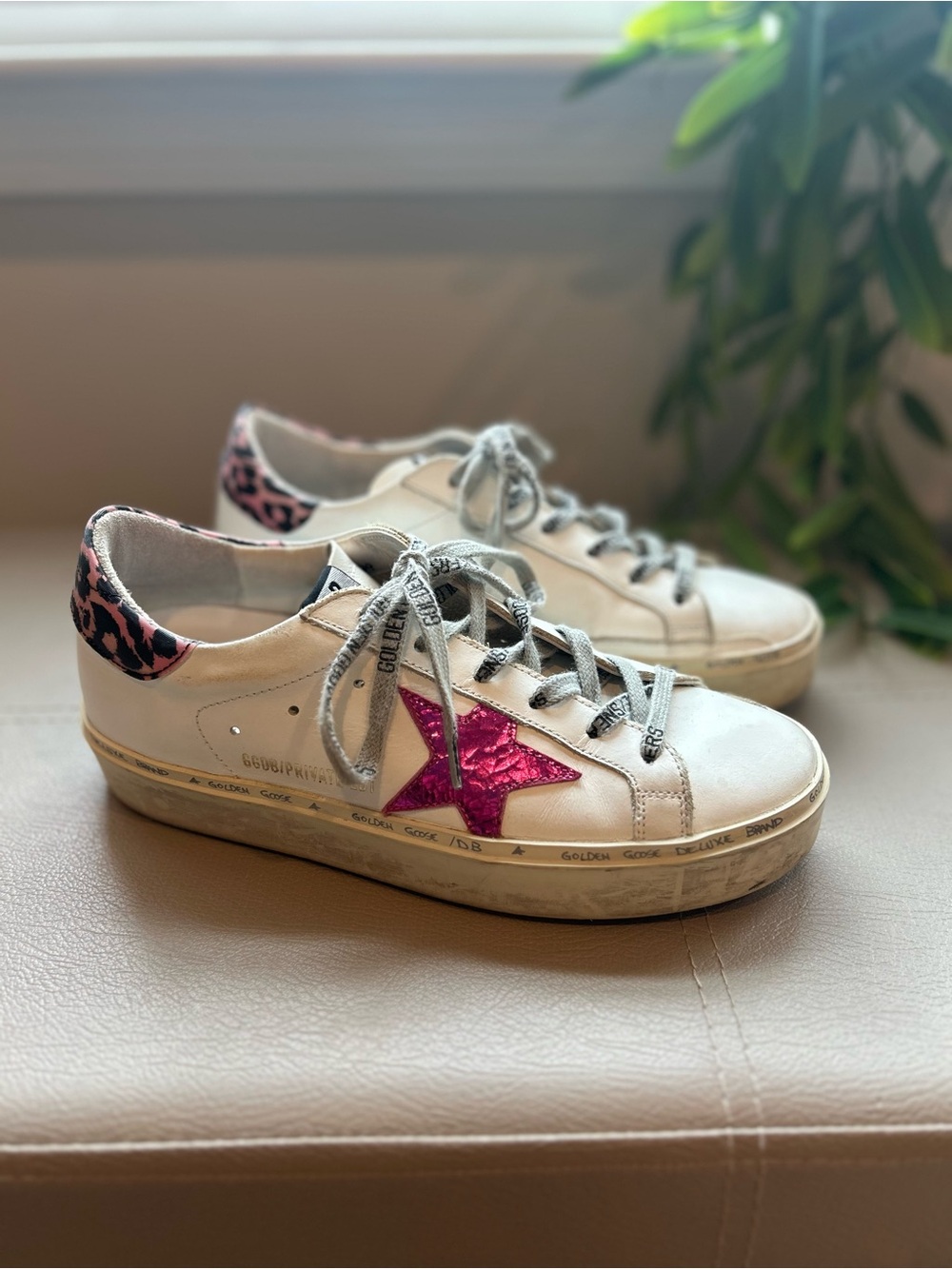 Golden Goose Hi Stars - White leather with Pink Sequin and Leopard Heel Accent